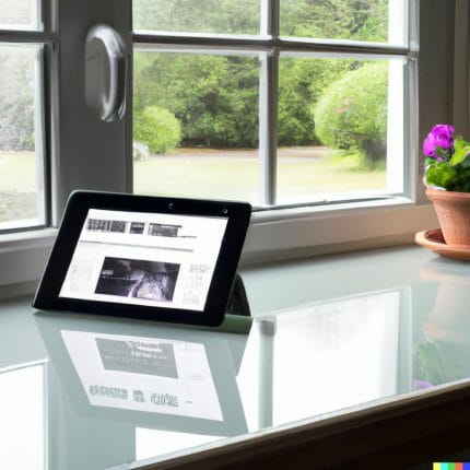 A tablet at a desk in front of window - with AI generated content on the screen