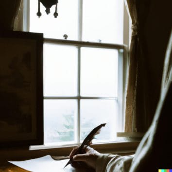 a writer at a desk, holding a feather pen in front of an open window.